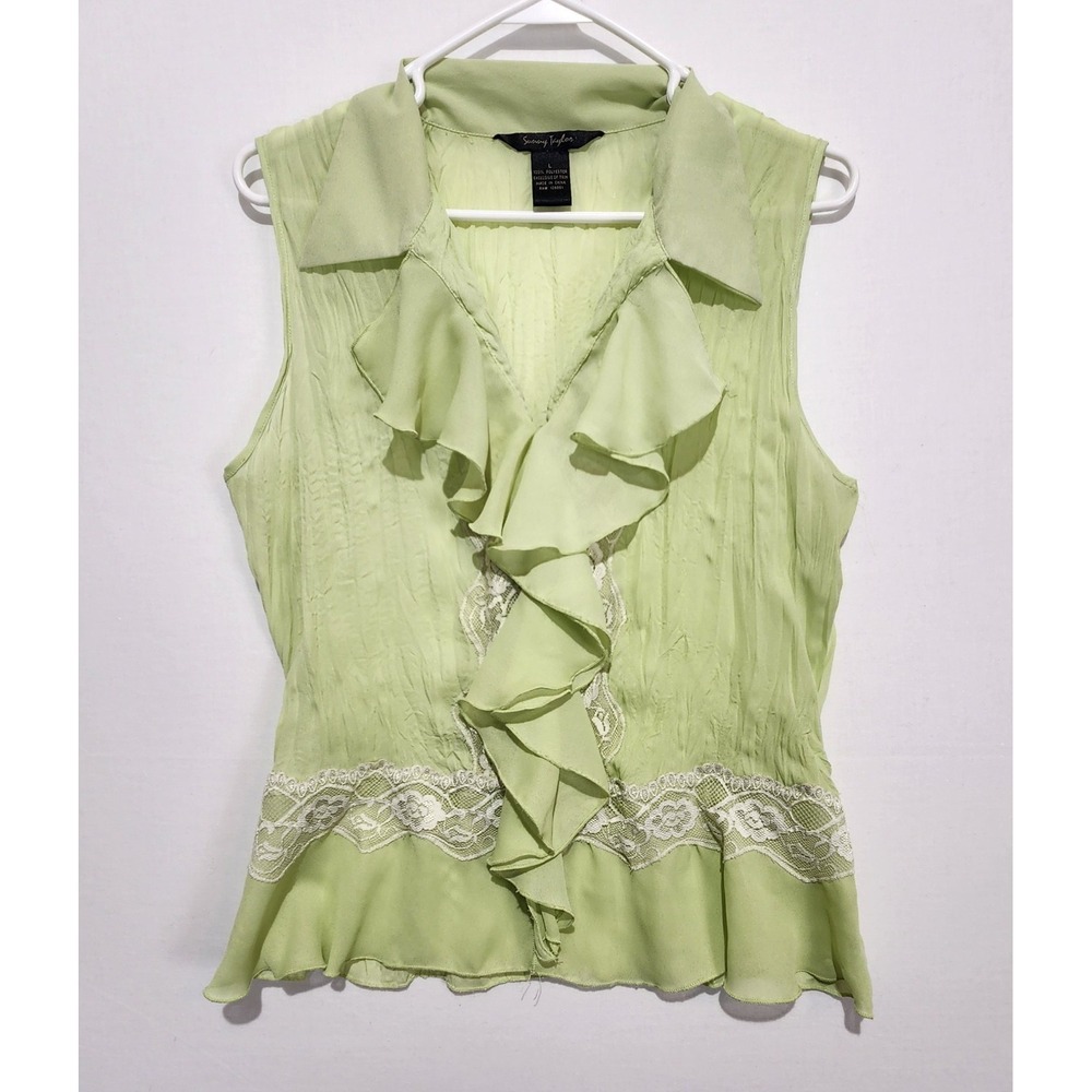Sunny Taylor Womens Vintage Y2K Ruffle Preppy Green Blouse Size L